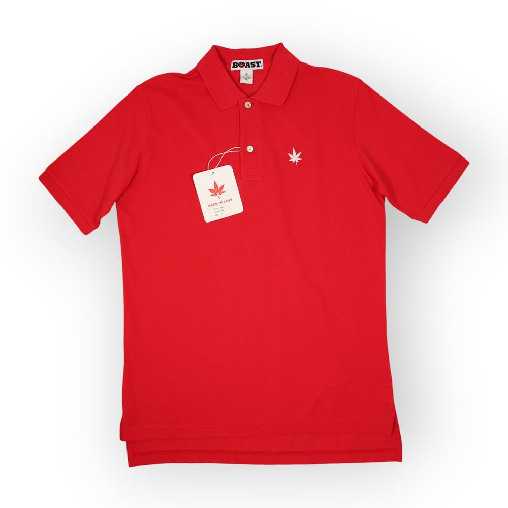 BOAST USA Men Small Red Solid Classic Pique Polo Cotton White Leaf Logo